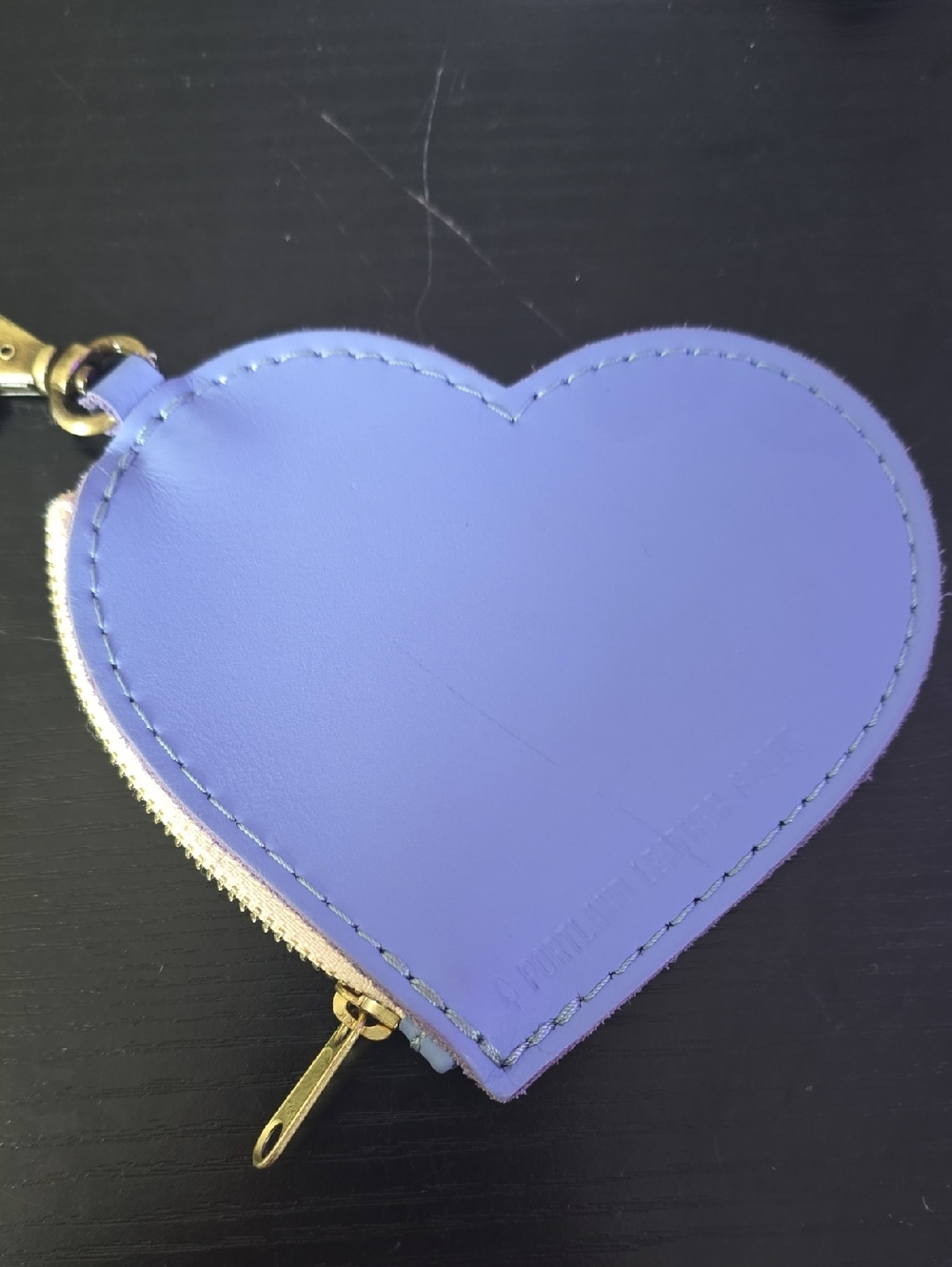 Portland Leather Lavender Heart Coin Pouch with Gold Stitching